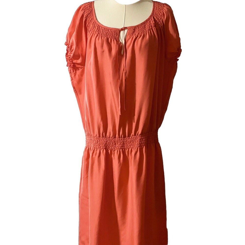 Talbots Drop Waist Dress XL Silk Peach Tie Front Short Sleeves Chic Classic